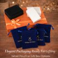 Gift packaging display for jewelry or small gifts. Four navy blue velvet drawstring pouches with gold “Holiday Gift Shops” branding are arranged in front of an orange gift box tied with a ribbon. On top of the box sit one black square jewelry box and two small white rectangular gift boxes. The background has warm golden bokeh lights, and text at the bottom reads: “Elegant Packaging Ready For Gifting” and “Velvet Pouch or Gift Box Options.”
