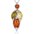 Sterling silver multicolor Baltic amber pendant “April” with genuine honey, golden yellow and forest green amber stones on white background