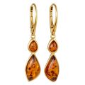 Gold plated 925 sterling silver Baltic honey amber lever back drop earrings for women with genuine honey-colored amber stones on a white background
