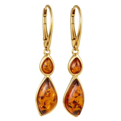 Gold plated 925 sterling silver Baltic honey amber lever back drop earrings for women with genuine honey-colored amber stones on a white background