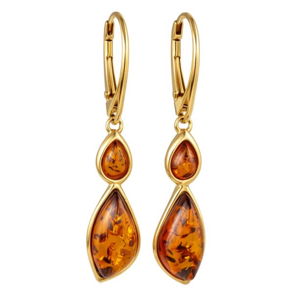 Gold plated 925 sterling silver Baltic honey amber lever back drop earrings for women with genuine honey-colored amber stones on a white background