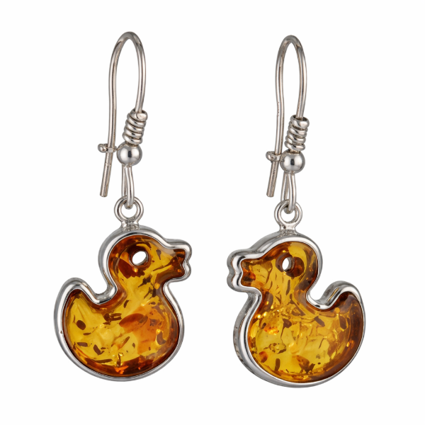 BALTICANA JEWELRY Sterling Silver and Baltic Amber Kidney Hook Honey Amber Duck Earrings