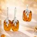 Balticana Jewelry Genuine Baltic Amber Sterling Silver Jewelry Set "Fern" - Pendant & Earrings - Made in Poland - Gift Ready