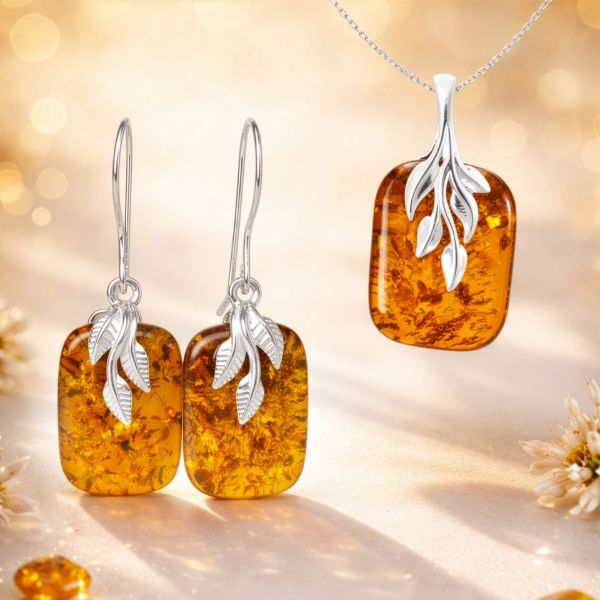 Balticana Jewelry Genuine Baltic Amber Sterling Silver Jewelry Set "Fern" - Pendant & Earrings - Made in Poland - Gift Ready
