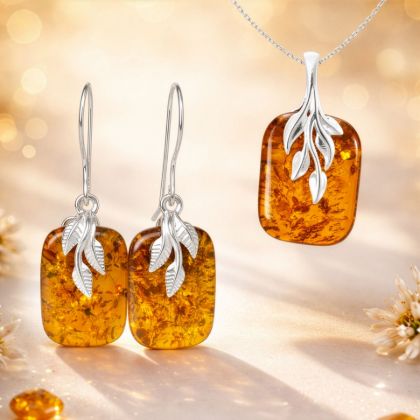 "Fern" Baltic Amber Jewelry Set in Sterling Silver
