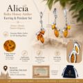 Genuine Baltic Honey Amber Leaf Drop Jewelry Set in 925 Sterling Silver - Pendant Necklace & Earrings for Women - Gift Ready