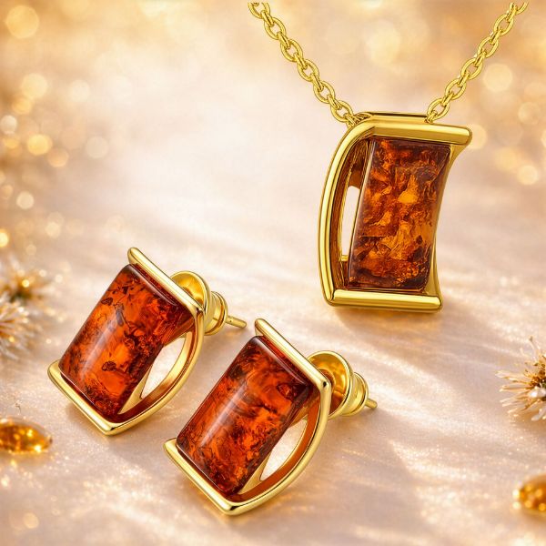 Genuine Baltic Amber Jewelry Set, 18K Gold Plated 925 Sterling Silver Pendant & Earrings, Made in Poland