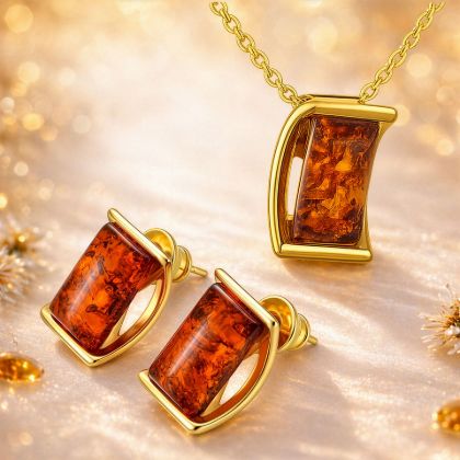 Genuine Baltic Honey Amber Leaf Drop Jewelry Set in 925 Sterling Silver – Pendant Necklace and Earrings for Women - Gift Ready - copy - copy - copy