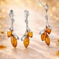 Genuine Baltic Honey Amber Leaf Drop Jewelry Set in 925 Sterling Silver - Pendant Necklace & Earrings for Women - Gift Ready