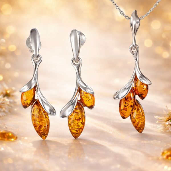 Genuine Baltic Honey Amber Leaf Drop Jewelry Set in 925 Sterling Silver - Pendant Necklace & Earrings for Women - Gift Ready