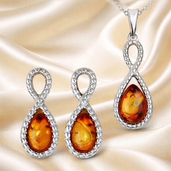 Balticana Jewelry Genuine Baltic Honey Amber Infinity Jewelry Set - 925 Sterling Silver Pendant Necklace & Earrings - Gift Ready