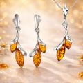 Genuine Baltic Honey Amber Leaf Drop Jewelry Set in 925 Sterling Silver - Pendant Necklace & Earrings for Women - Gift Ready