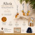 Genuine Baltic Honey Amber Leaf Drop Jewelry Set in 925 Sterling Silver - Pendant Necklace & Earrings for Women - Gift Ready