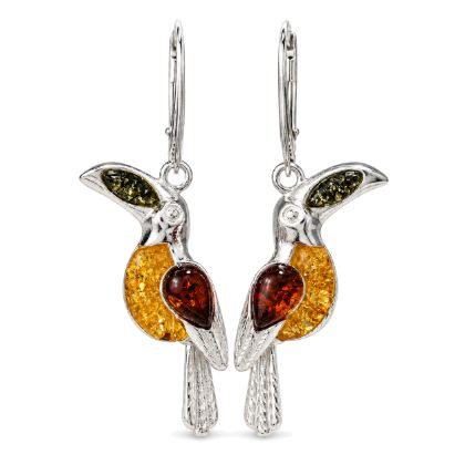 Sterling Silver and Baltic Amber French Leverback  Toucan Earrings