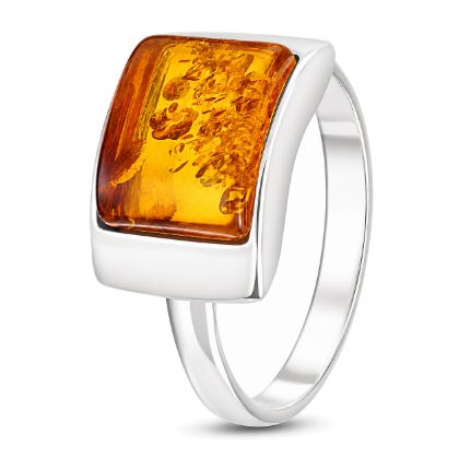 Sterling Silver Baltic Honey Amber Ring for Women - "Sunniva" Rectangular Genuine Amber Cabochon Jewelry