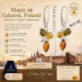 Martina multicolor Baltic amber leverback earrings in 925 sterling silver showing size 1.5 in, lightweight 4.42 g, made in Poland, lab certified amber with lemon yellow, green and honey stones – product measurement infographic