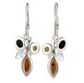 Back view of Martina multicolor Baltic amber leverback earrings in 925 sterling silver showing open settings with lemon yellow, forest green and honey amber stones on white background
