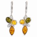 Martina multicolor Baltic amber drop earrings in 925 sterling silver with lemon yellow, forest green and honey amber stones, floral leverback dangle earrings for women on white background
