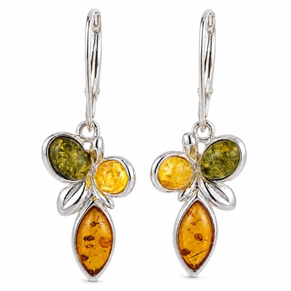 Martina multicolor Baltic amber drop earrings in 925 sterling silver with lemon yellow, forest green and honey amber stones, floral leverback dangle earrings for women on white background