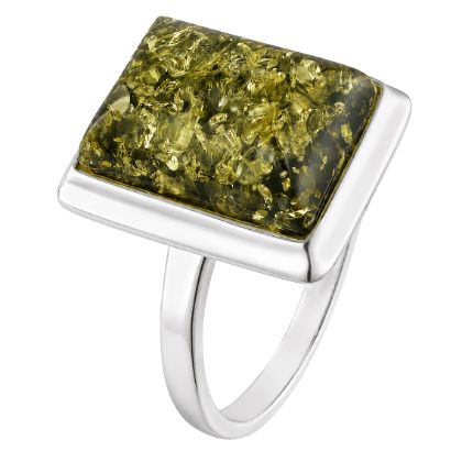 Sterling silver ring with a rectangular green Baltic amber stone in a polished silver setting.