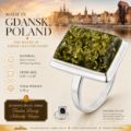 Sterling silver ring with rectangular green Baltic amber stone, shown with Gdańsk Poland amber craftsmanship details.