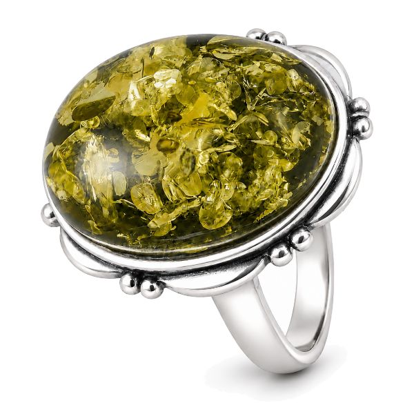 Sterling Silver and Baltic Green Oval Amber Ring