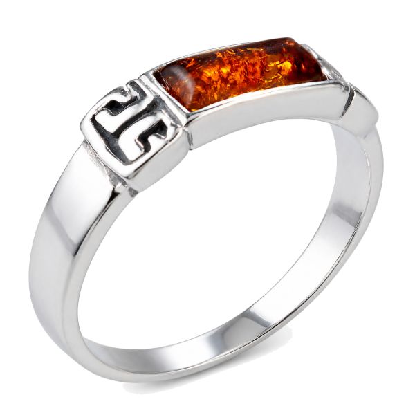 Sterling silver Baltic amber ring with a rectangular cognac amber stone and Greek key side detailing.