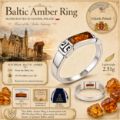 Baltic amber ring infographic featuring a sterling silver cognac amber ring handcrafted in Gdańsk, Poland, with 925 silver marking, authenticity certificate, gift pouch, Baltic Sea origin details, and 2.51g lightweight design.