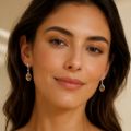 Lifestyle photo of a model wearing small sterling silver dangle earrings with oval cognac amber stones, French wire hooks, and polished silver bead accents.