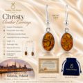 Infographic for Christy amber earrings showing front and back views, genuine .925 sterling silver, genuine Baltic honey amber, product dimensions, certificate of authenticity, soft pouch, and Gdańsk, Poland origin on a champagne satin background.