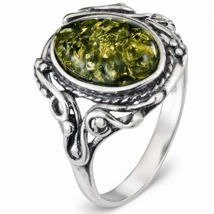 GIA Certified "Georgine" Baltic Green Amber Ring in Sterling Silver