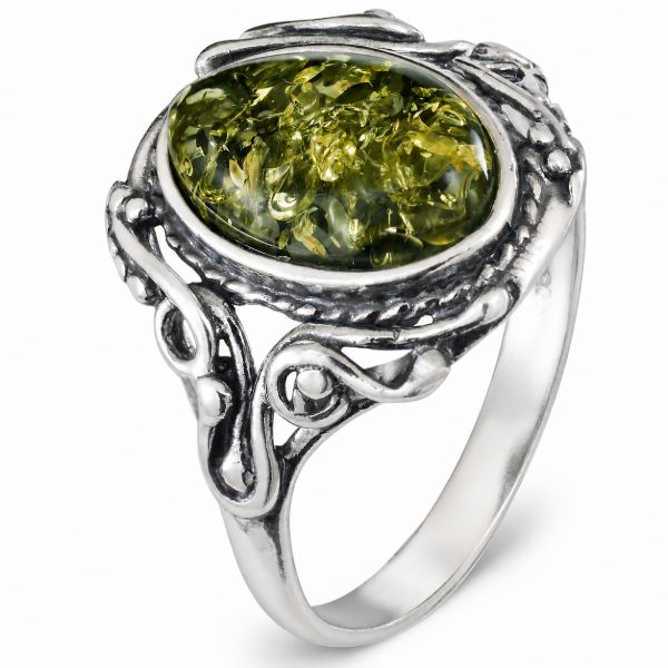 GIA Certified "Georgine" Baltic Green Amber Ring in Sterling Silver