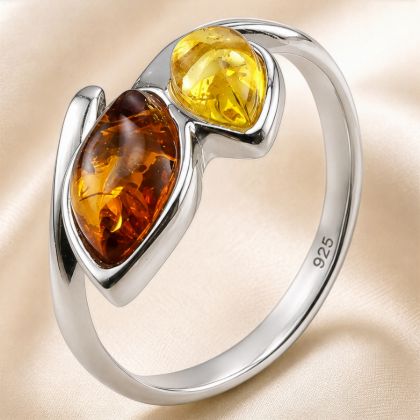 "Maja" Baltic Honey Amber Adjustable Ring in Sterling Silver