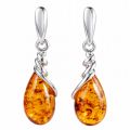 Genuine Baltic honey amber Eleanor teardrop drop earrings in 925 sterling silver with flowing wrap design and post back closures, GIA certified amber jewelry for women