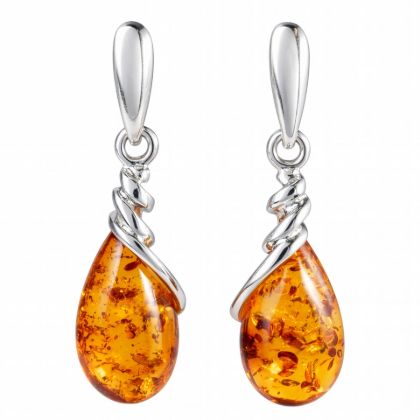 Genuine Baltic honey amber Eleanor teardrop drop earrings in 925 sterling silver with flowing wrap design and post back closures, GIA certified amber jewelry for women