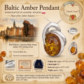 Infographic showcasing a handcrafted Baltic amber pendant made in Gdańsk, Poland. The pendant features an oval honey-colored Baltic amber gemstone set in a polished 925 sterling silver swirl design on an 18-inch silver chain. The layout includes a photo of Gdańsk's historic waterfront, a map highlighting Gdańsk, a 925 silver hallmark, close-up product images, natural amber stones, and icons describing genuine Baltic amber from the Baltic Sea. Additional panels list the pendant's dimensions, weight (3.08 g), materials, certificate of authenticity, and velvet gift pouch. The overall design uses a vintage parchment background with elegant gold decorative accents.