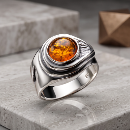 Sterling silver Baltic honey amber ring with a round amber gemstone displayed on a stone surface.