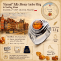 Infographic showcasing a handcrafted Baltic honey amber ring in sterling silver from Gdańsk, Poland, with product details and certification information.