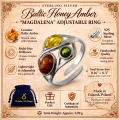 “Magdalena” Baltic Amber Adjustable Ring in Sterling Silver infographic with product details and certification.