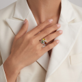 Woman wearing the “Magdalena” Baltic Amber Adjustable Ring in Sterling Silver.