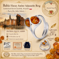 Baltic Honey Amber Adjustable Ring in Sterling Silver infographic with product details.
