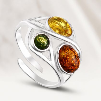 “Magdalena” Baltic Amber Adjustable Ring in Sterling Silver with multicolor amber gemstones.