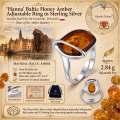 Infographic of the Hanna Baltic Honey Amber Adjustable Ring in Sterling Silver, highlighting genuine Baltic amber, adjustable fit, 925 sterling silver, craftsmanship, and Gdańsk, Poland origin.