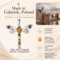 Infographic featuring the Baltic Amber Dragonfly Pendant in Sterling Silver, with details about its handcrafted origin in Gdańsk, Poland, and the amber’s authenticity.