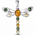 Close-up of a Baltic Amber Dragonfly Pendant in Sterling Silver, featuring multicolored amber stones forming the wings and body.
