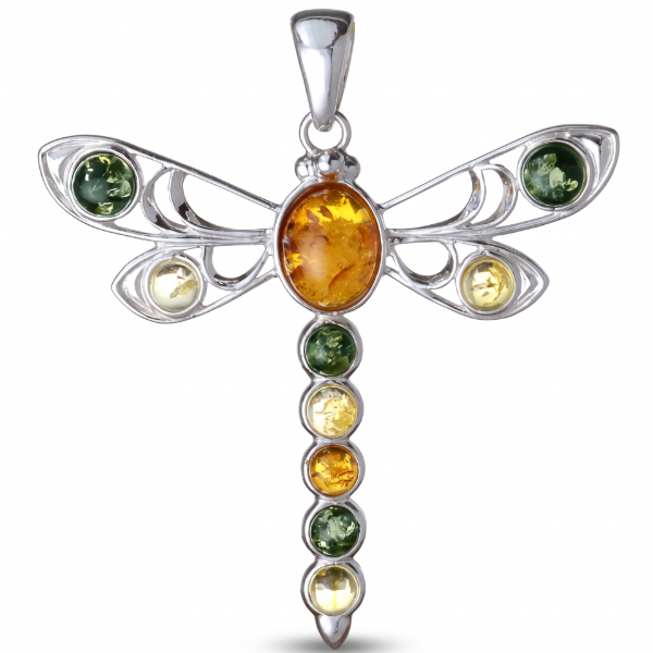 Close-up of a Baltic Amber Dragonfly Pendant in Sterling Silver, featuring multicolored amber stones forming the wings and body.