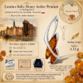 Infographic of the London Baltic Honey Amber Pendant in Sterling Silver, highlighting genuine Baltic amber, 925 sterling silver, craftsmanship, product specifications, and Gdańsk, Poland origin.