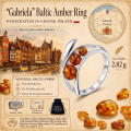 Infographic of the Gabriela Baltic Amber Ring in Sterling Silver, highlighting genuine Baltic amber, 925 sterling silver, handcrafted craftsmanship, product details, and Gdańsk, Poland origin.
