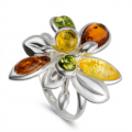 Brigitte Multicolor Baltic Amber Ring in Sterling Silver featuring cognac, honey, and green Baltic amber gemstones arranged in a floral design with polished sterling silver petals.