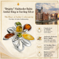Infographic of the Brigitte Multicolor Baltic Amber Ring in Sterling Silver, highlighting genuine multicolor Baltic amber, 925 sterling silver, handcrafted craftsmanship, product details, and Gdańsk, Poland origin.